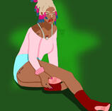 Pandora Lovegood wearing a pink shirt, blue shorts, red high heels and a clock necklace.